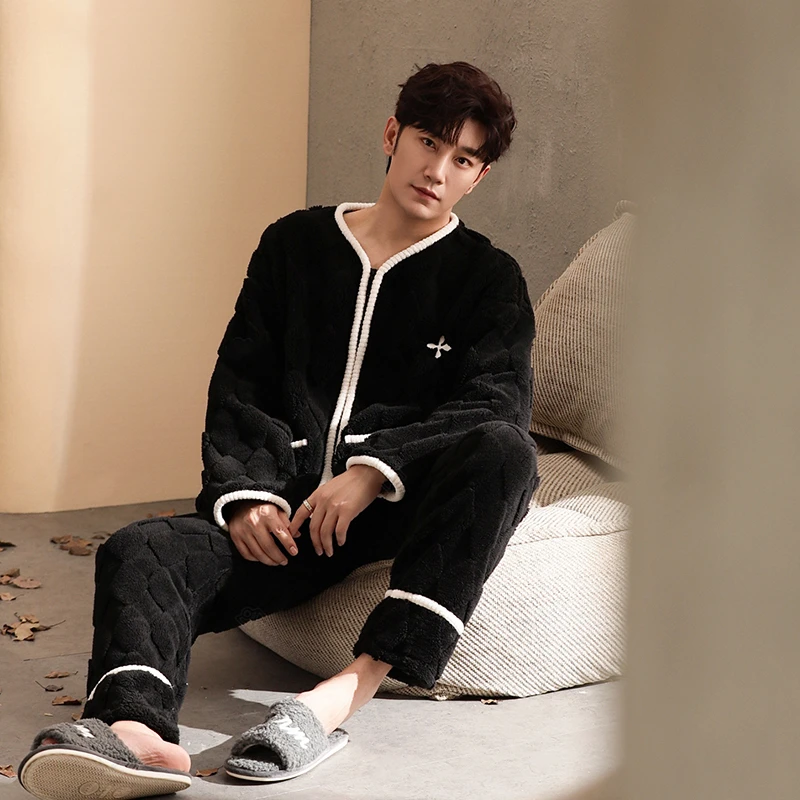 庆同秋冬季天大码睡衣男2025新款加绒加厚珊瑚绒法兰绒家居服套装