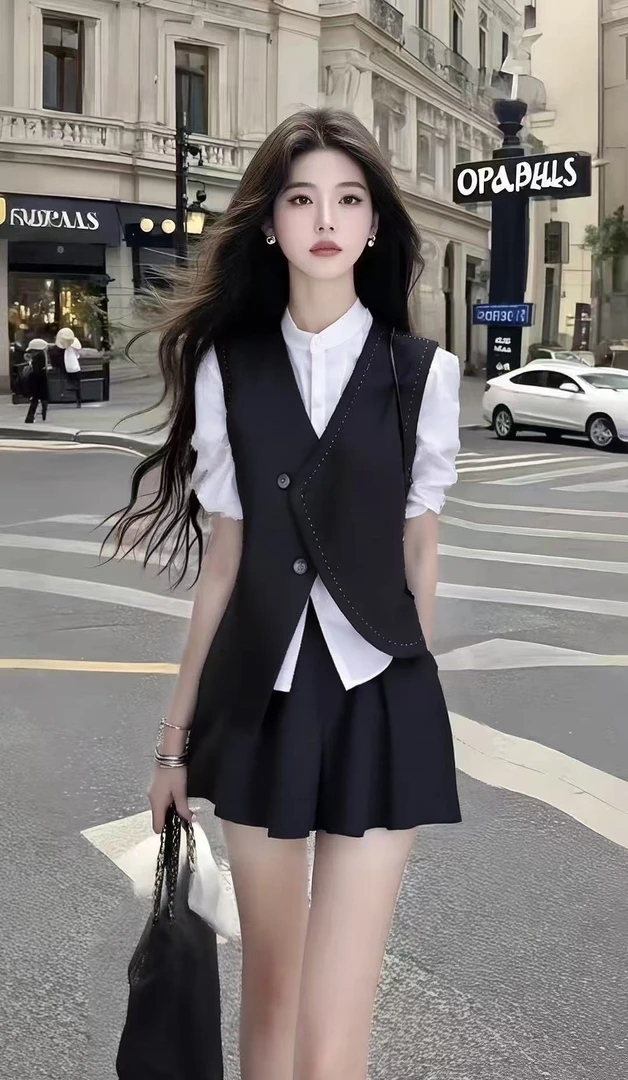 轻奢时尚高级衬衫假两件别致设计感上衣+黑色百褶显瘦半身裙套装