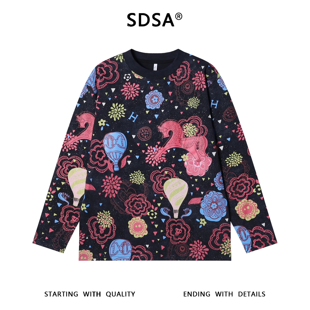 秋季高级感新款男士潮牌多样趣味印花圆领长袖T恤满天星圆领上衣