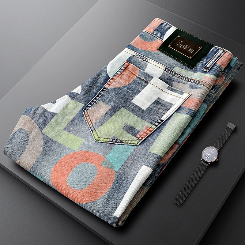 秋季痞帅风时尚印花牛仔裤男2025新款修身小脚男士休闲裤花裤子男