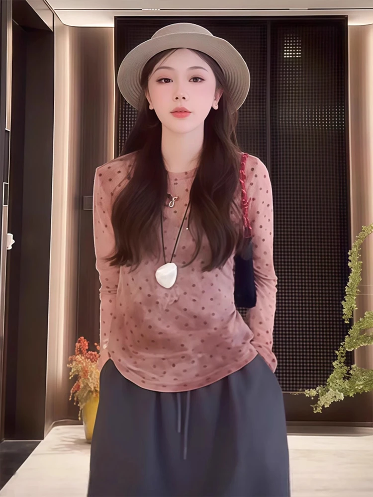 欧货复古植绒波点冰感T恤网纱女2025夏季新款扎染修身防晒衫上衣
