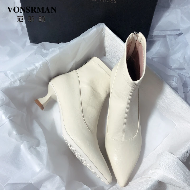 范斯玛 百搭侧拉链简约尖头高跟高端弹力靴显瘦舒适细跟短靴女