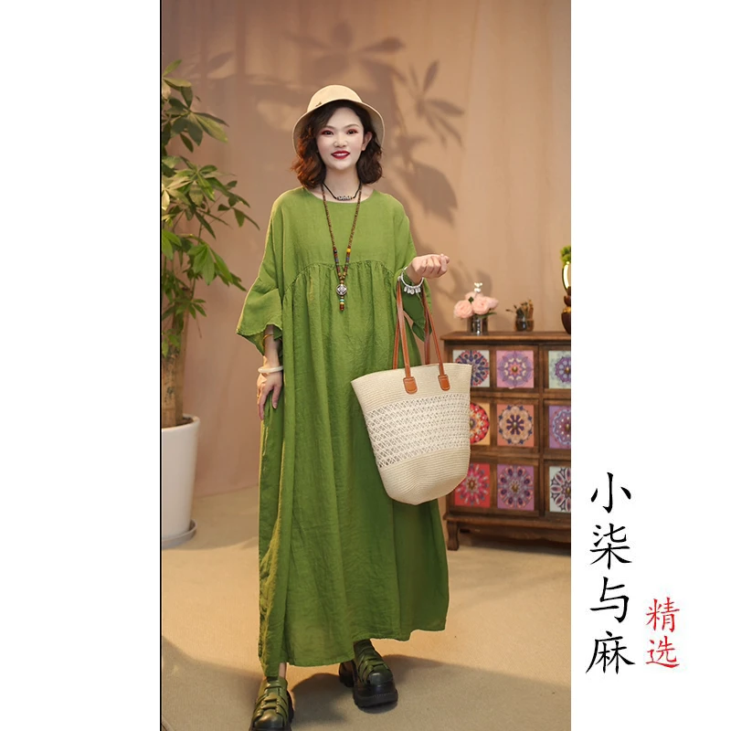 【小柒与麻】100%干洗亚麻加宽下大摆裙袍（衣长120胸围152）