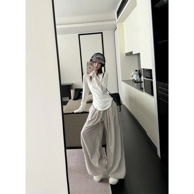 美式复古慵懒风百搭V领显瘦长袖上衣秋季新款小众宽松休闲长裤子