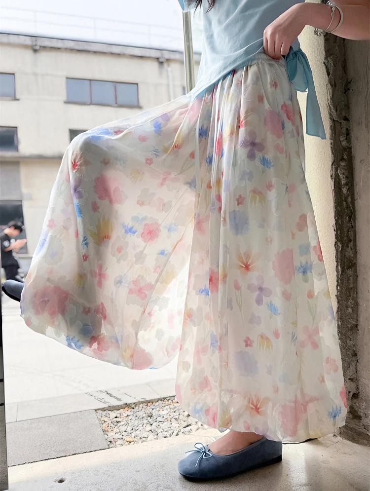 女童裤子夏季2025新款儿童中大童碎花花苞裤女孩夏装直筒休闲长裤