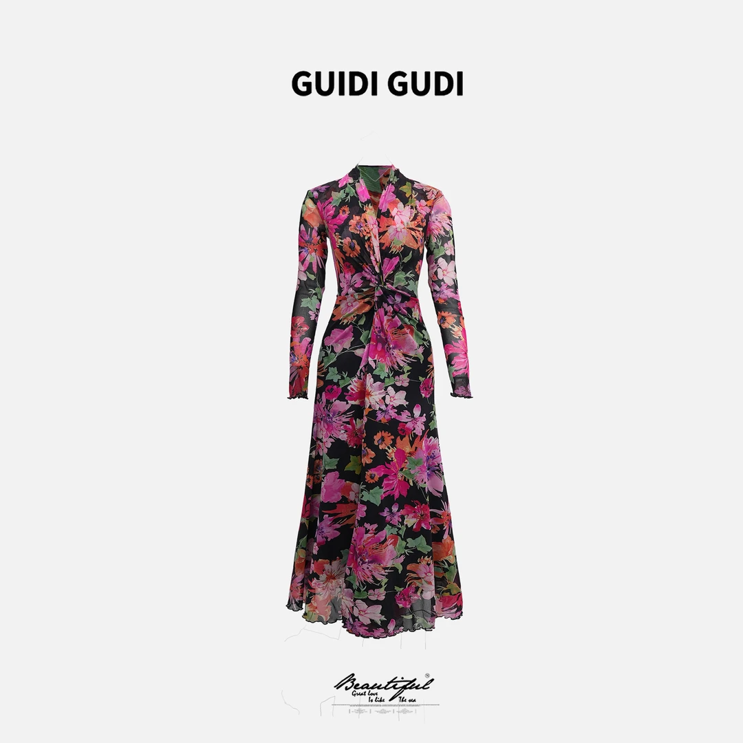 GUIDI GUDI【疯狂迷恋】黄加蓝性感女人味大V花花连衣裙