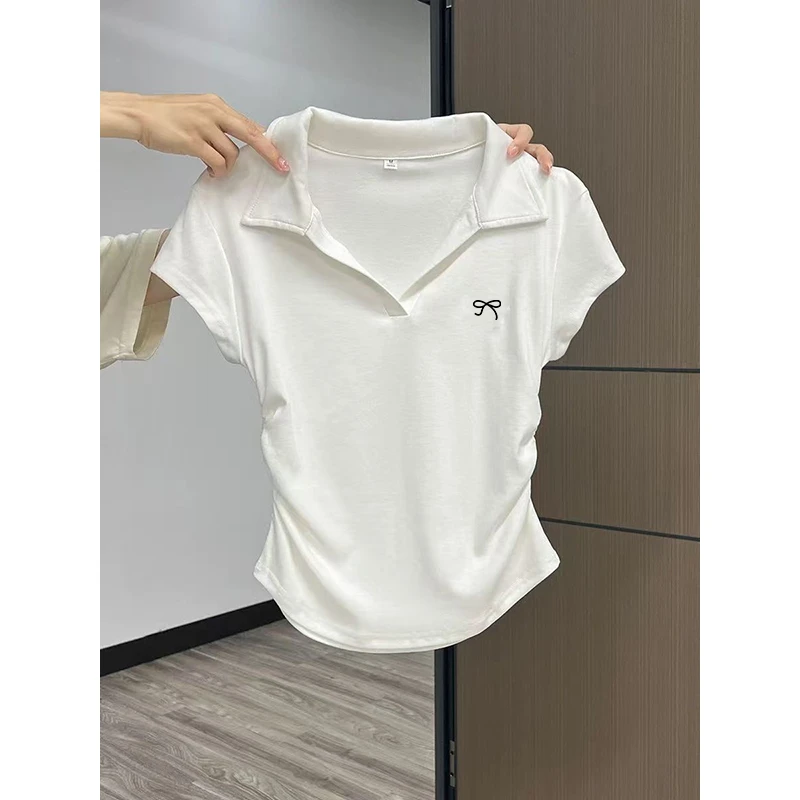 白色韩版减龄正肩POLO翻领短袖T恤女夏季设计感收腰修身显瘦上衣