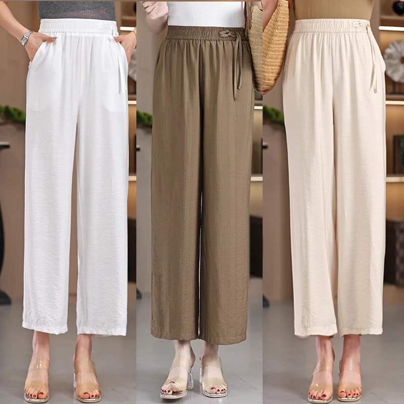 夏季新款休闲九分裤女士宽松国风松紧腰百搭薄款垂感直筒裤阔腿裤