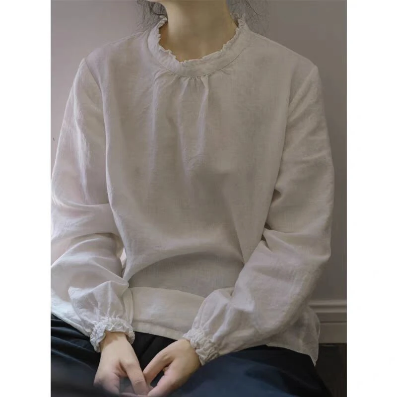 麻后背扣气质长袖上衣 秋冬新款木耳领文艺白衬衫春秋白色休闲