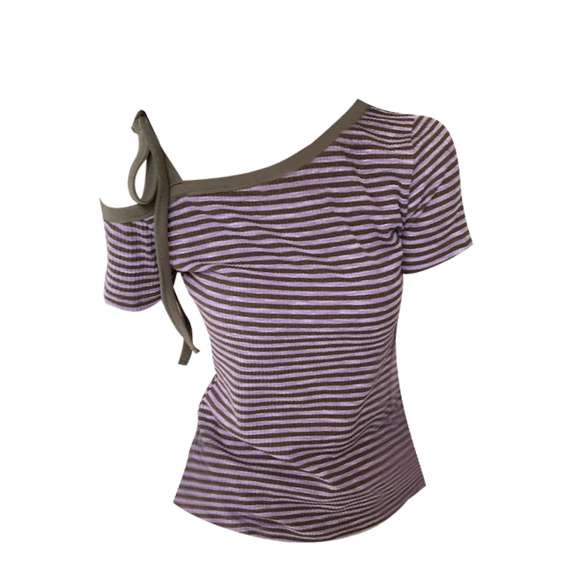 夏季新款纯欲修身绑带高级设计感条纹斜肩短袖t恤露肩显瘦女上衣