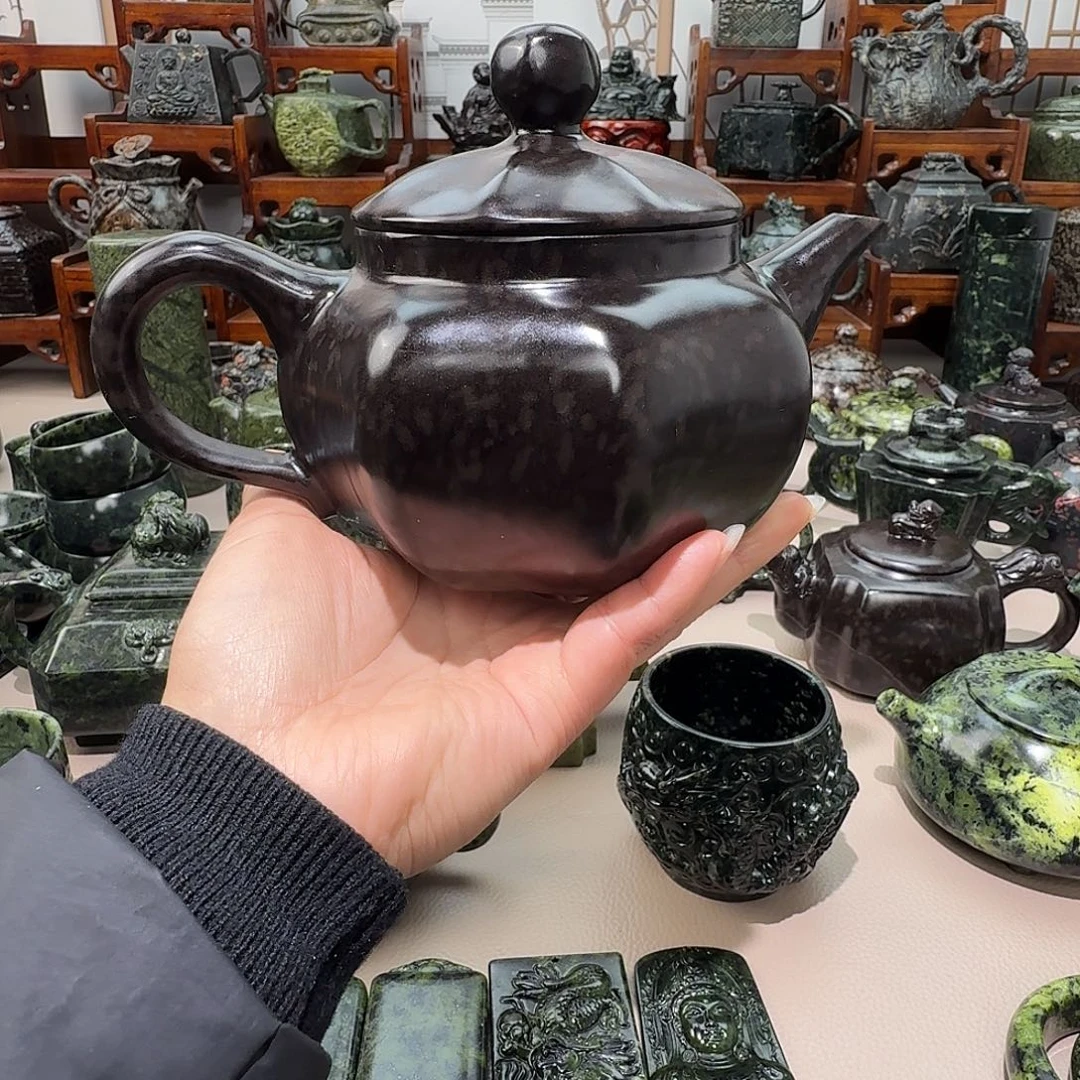 同***动蛇纹石玉未镶嵌藏玉药王石茶壶摆件