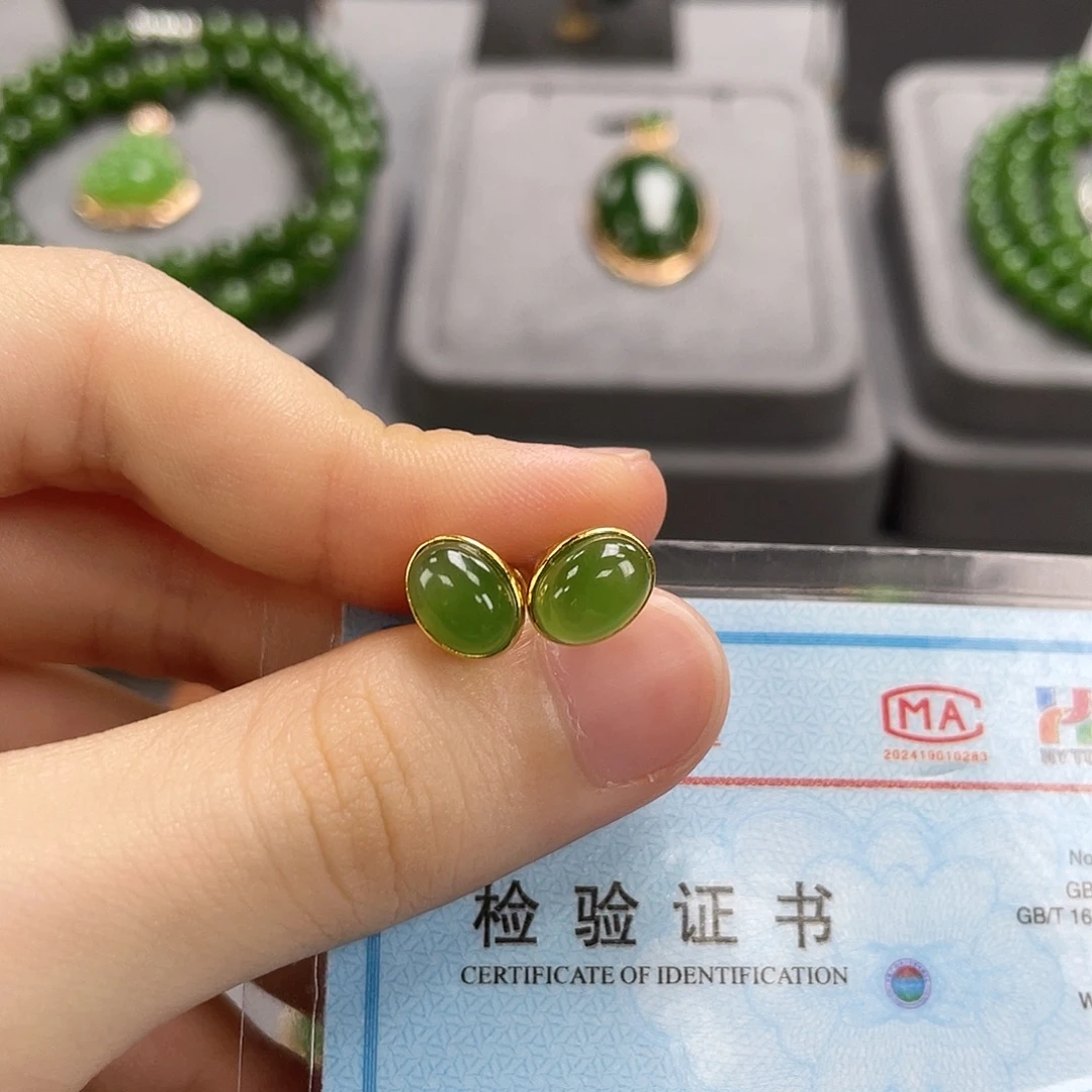 和田玉银S925镀金镶嵌耳饰