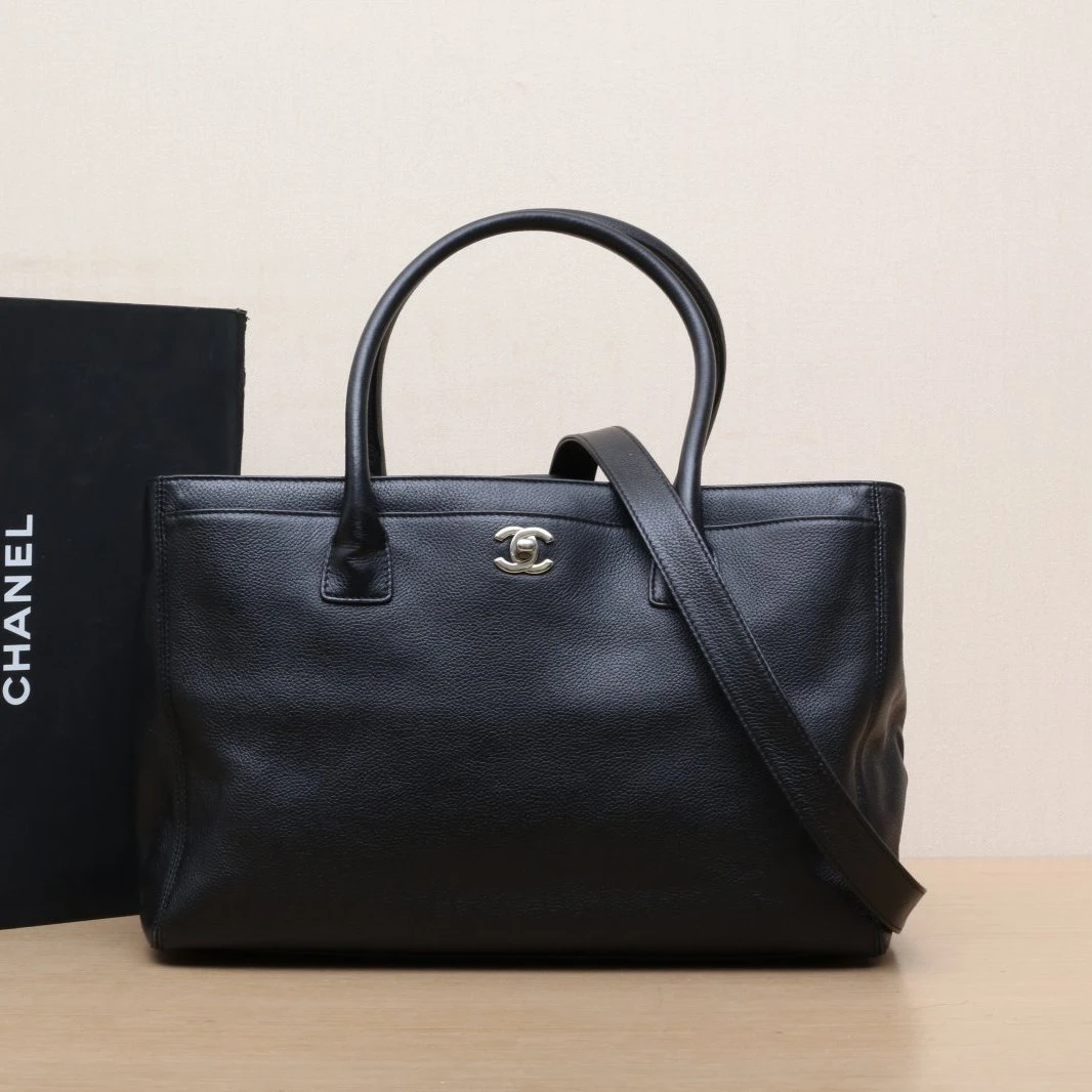95新 Chanel/香奈儿 【黑黑】托特包Tote 大号 黑色 13开 银扣