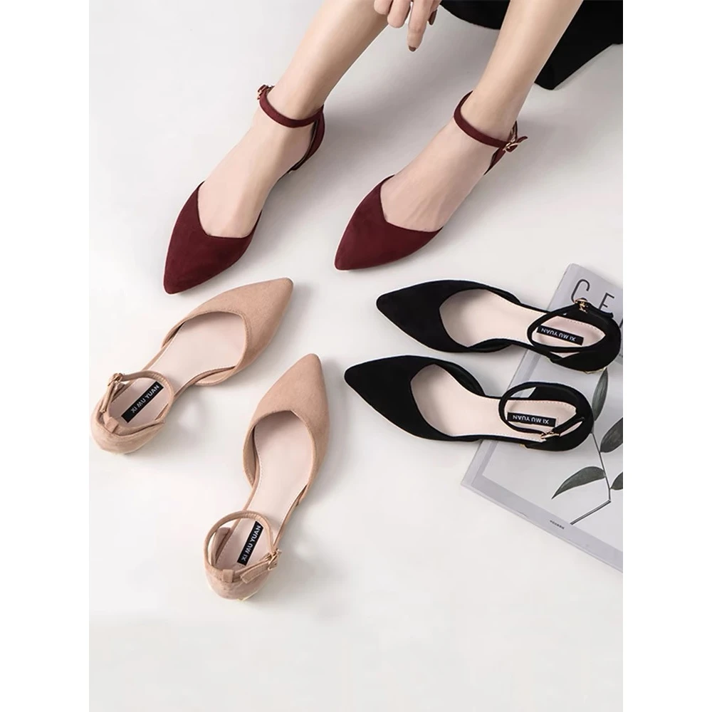 6052女鞋平底尖头凉鞋女包头单鞋中空法式粗跟气质