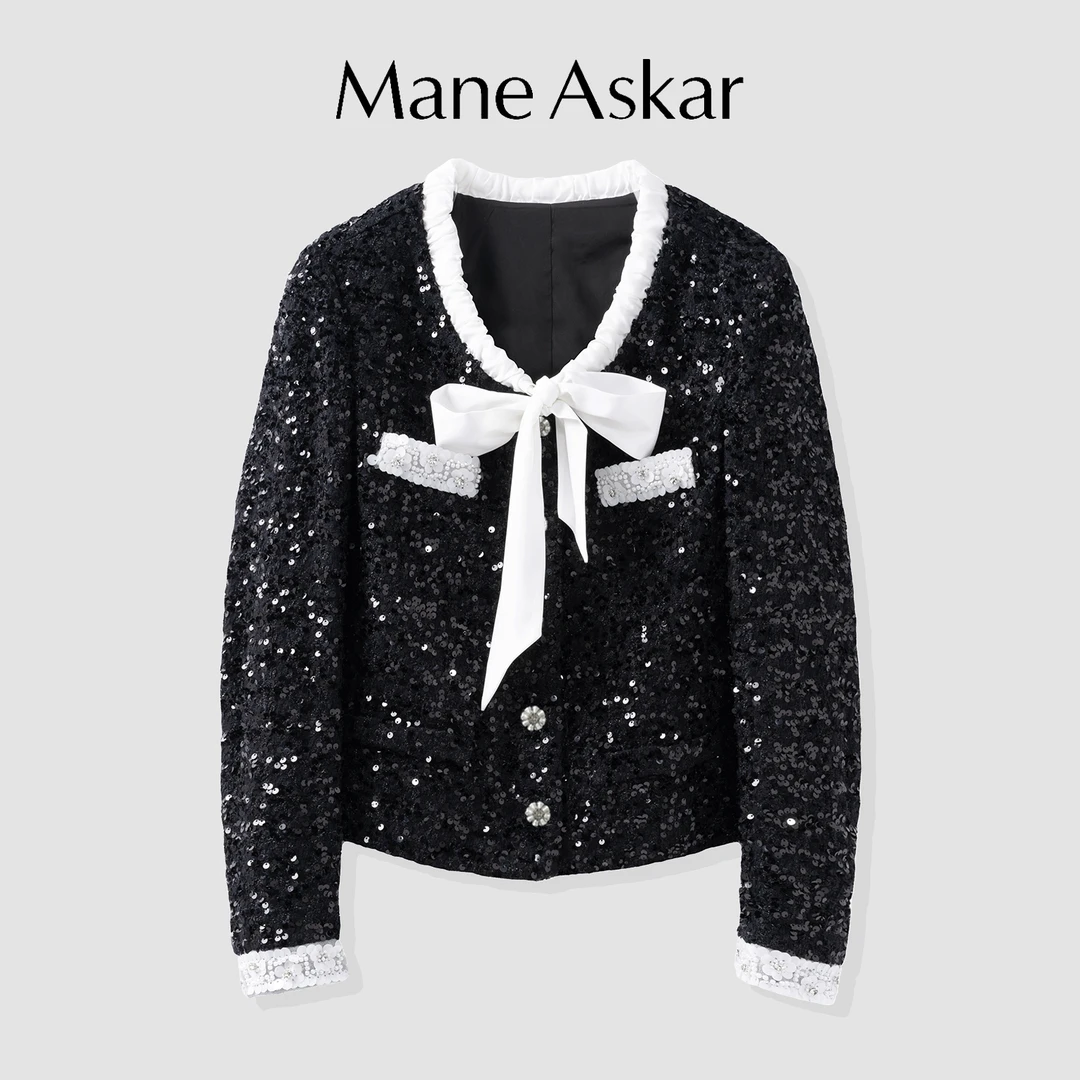 春秋新款端庄大气小香风蝴蝶结黑色外套女装OK6020