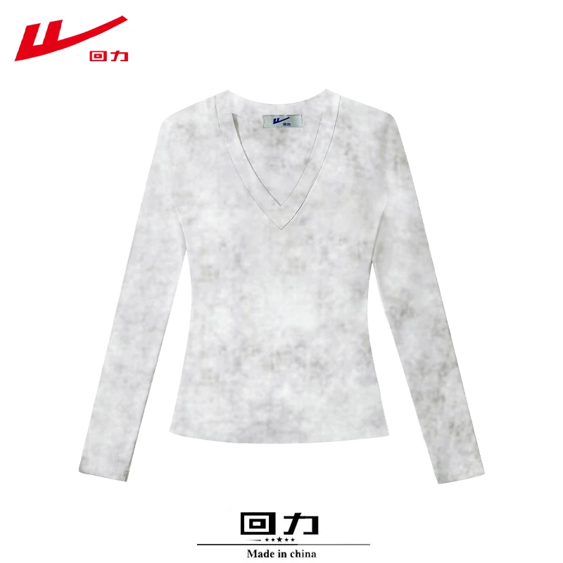 回力常规秋冬季新款修身款磨毛纯棉长袖T恤女时尚显瘦扎染V领打底