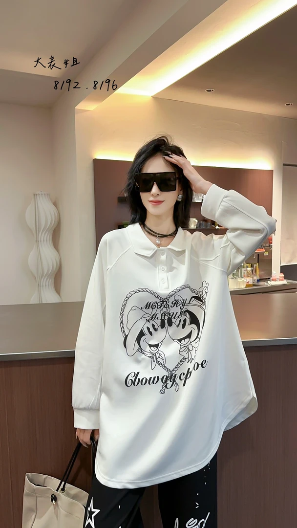 8192早秋新款舒服大版慵懒米奇字母长袖T恤宽松上衣打底外穿
