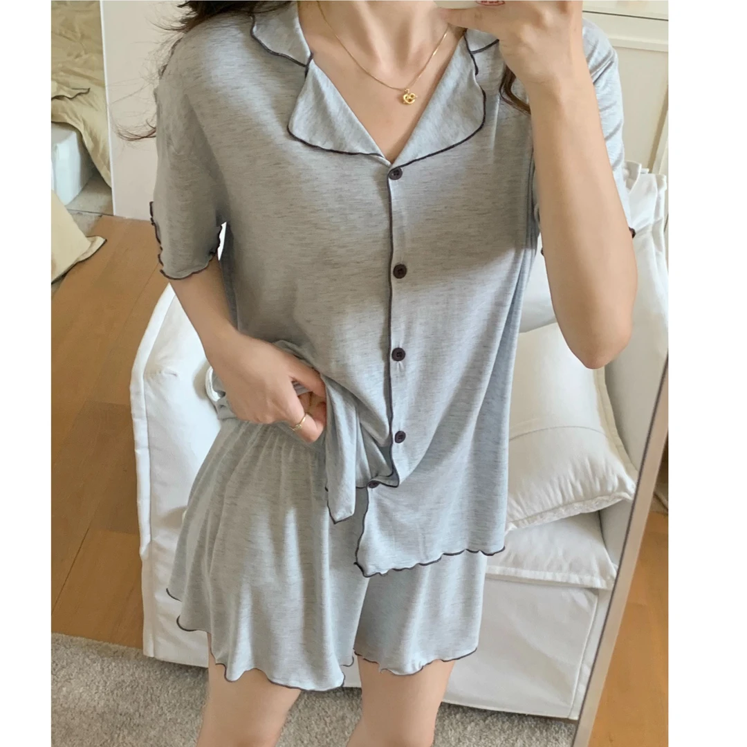 莫代尔纯色睡衣女夏季新款开衫短袖简约高级感慵懒风家居服套装