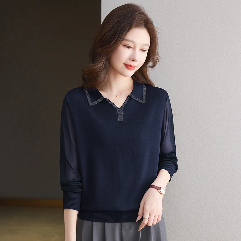 早秋新款假两件上衣女长袖网纱POLO翻领烫钻薄款毛针织衫洋气外穿