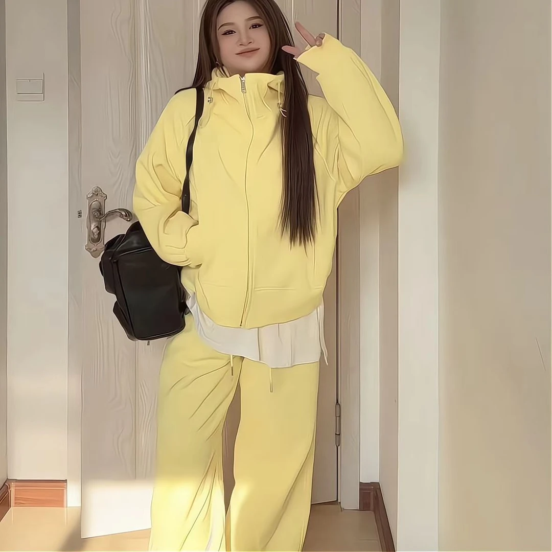 （大码女装）1052显瘦慵懒风休闲连帽长袖外套上衣加湾刀裤套装