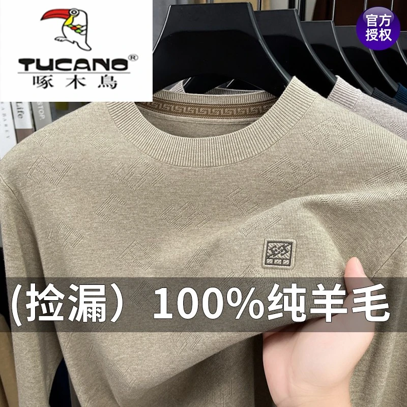 啄木鸟正品男士秋冬羊毛衫长袖新款100%纯羊毛圆领加绒毛衣打底衫