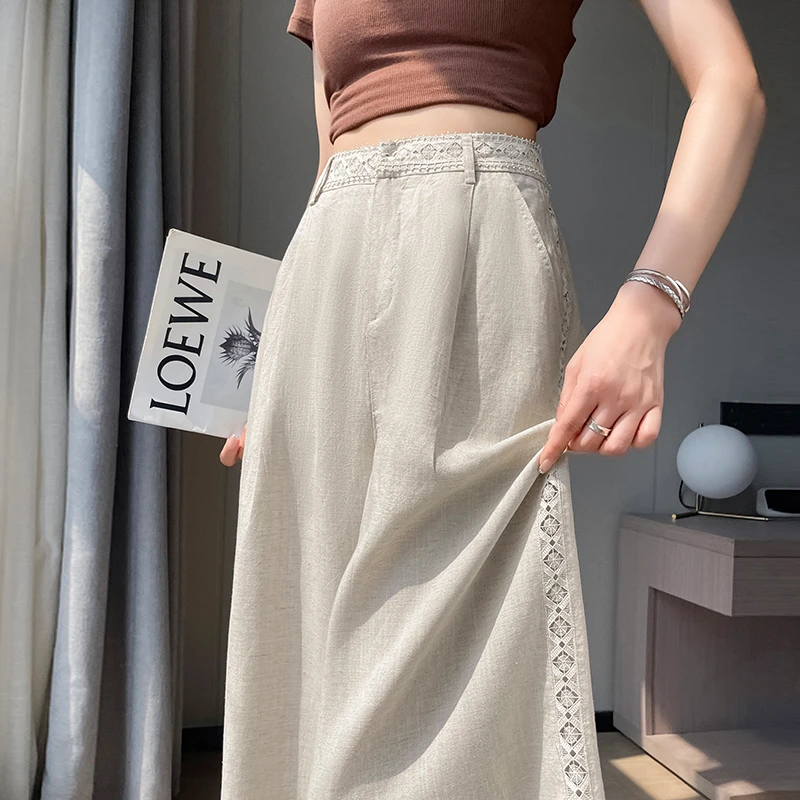 蕾丝钩花高腰阔腿裤休闲裤女夏季薄款时尚垂顺天丝亚麻拖地裤1937