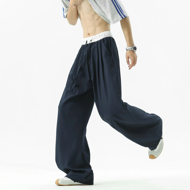 凉感冰丝裤子男夏季潮牌大码撞色拼接休闲裤美式复古vibe风弯刀裤