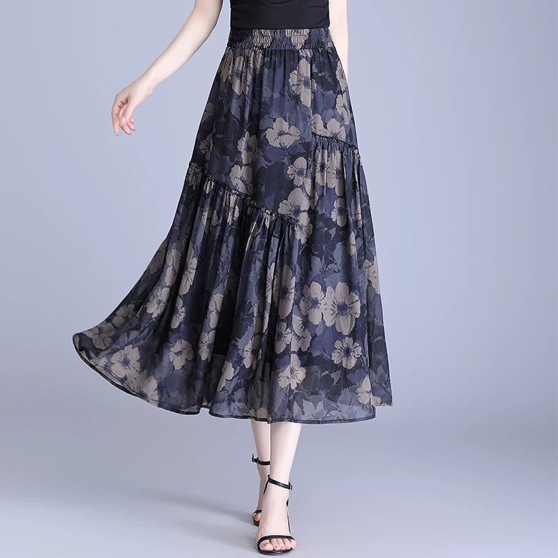 时尚百搭印花半身裙女夏季薄款垂感高腰中长款百褶裙大摆裙子