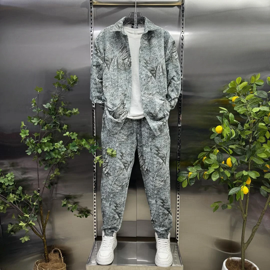 春季新款衬衫长裤套装时尚燕尾外搭休闲裤两件套港风复古男士穿搭