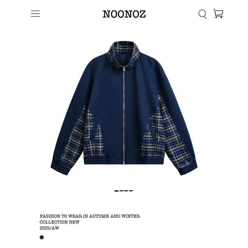 NOONOZ潮牌美式格纹拼接立领夹克男春季中性风街头复古设计感外套