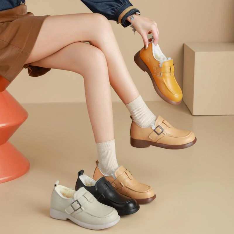 头层牛皮皮毛一体羊毛乐福鞋冬季深口单鞋厚底妈妈鞋复古厚底女鞋