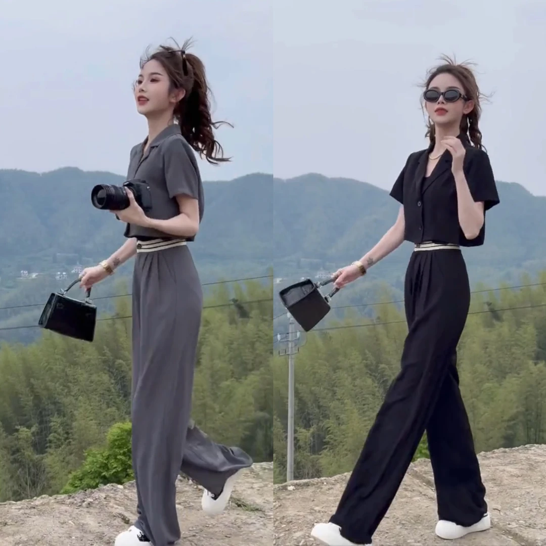 夏季新款显瘦气质高腰个性腰头纸片人时尚套装两件套