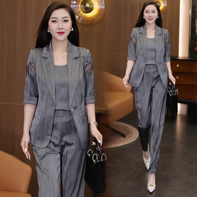 时尚西装套装女2025夏季新款洋气质显瘦短袖西服吊带阔腿裤三件套
