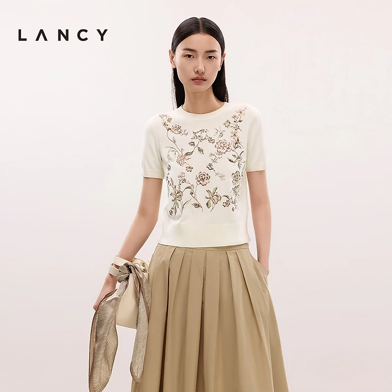 LANCY/朗姿2025夏新款印花收腰短袖针织衫高级短款上衣女KPR003