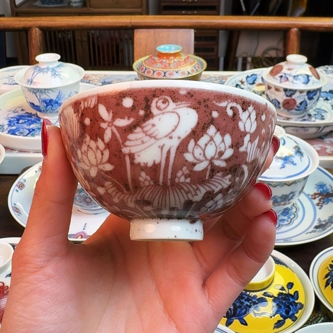 杯重工一鹭莲升撒红鸡心杯