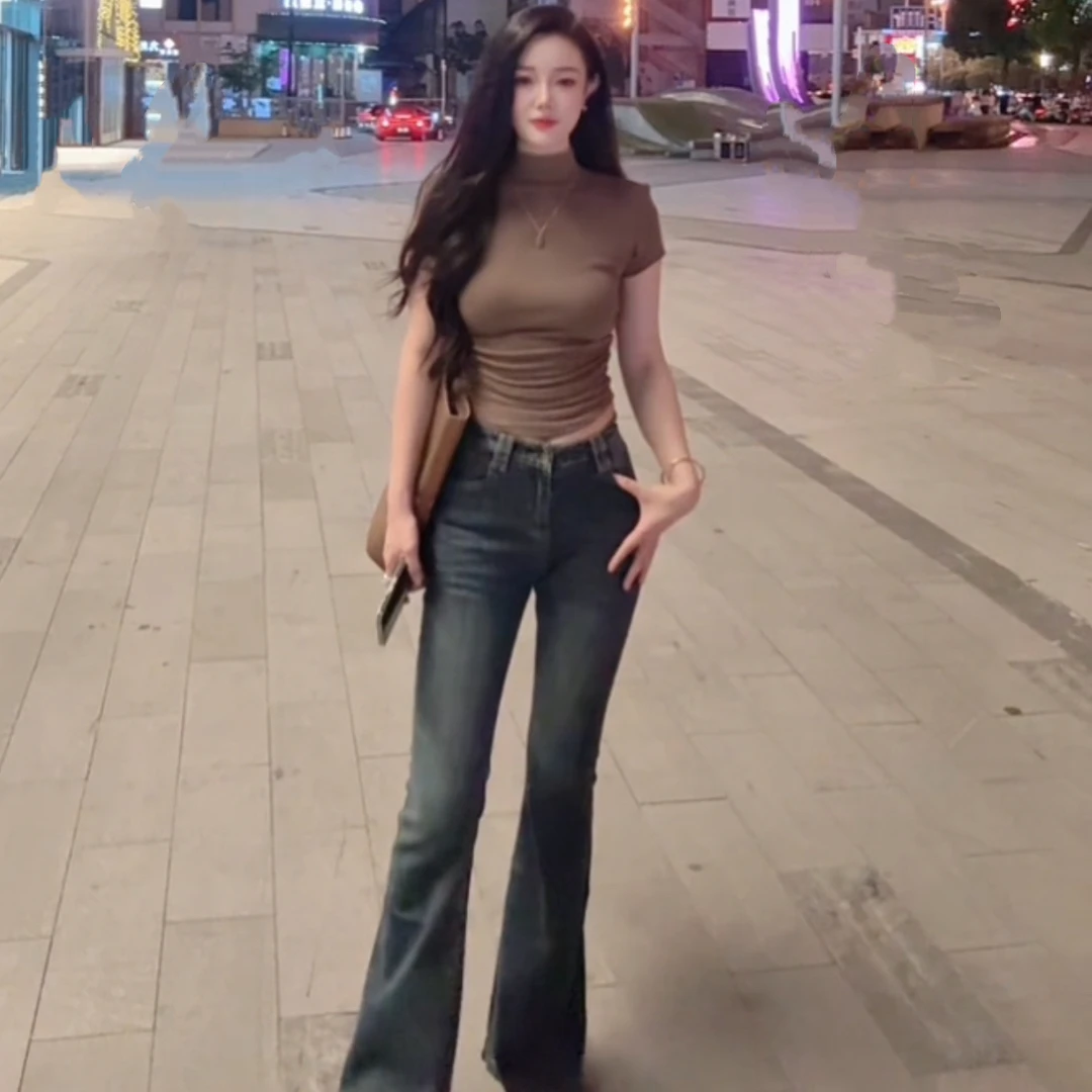 早秋新款 半高领修身纯欲女神短袖打底T