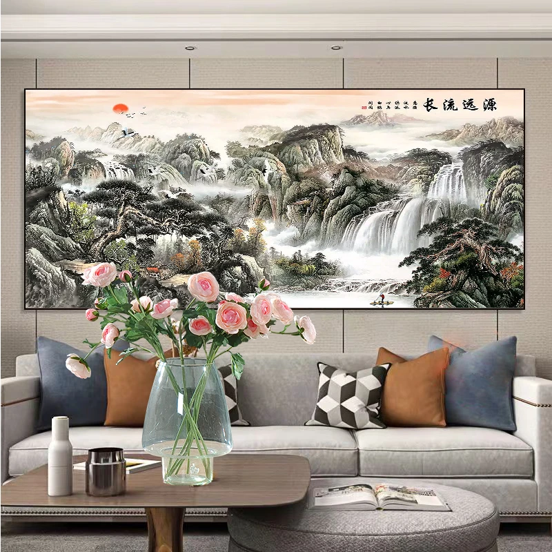 新款山水风景画源远流长满钻全贴魔方圆钻石画卧室客厅流水生财