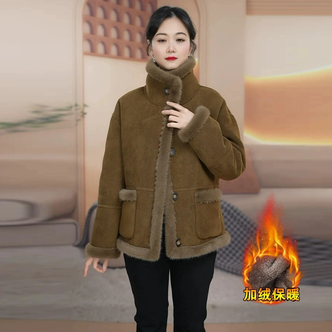 时尚立领皮毛一体羊羔毛短外套女冬季新款加绒加厚防寒双面穿上衣