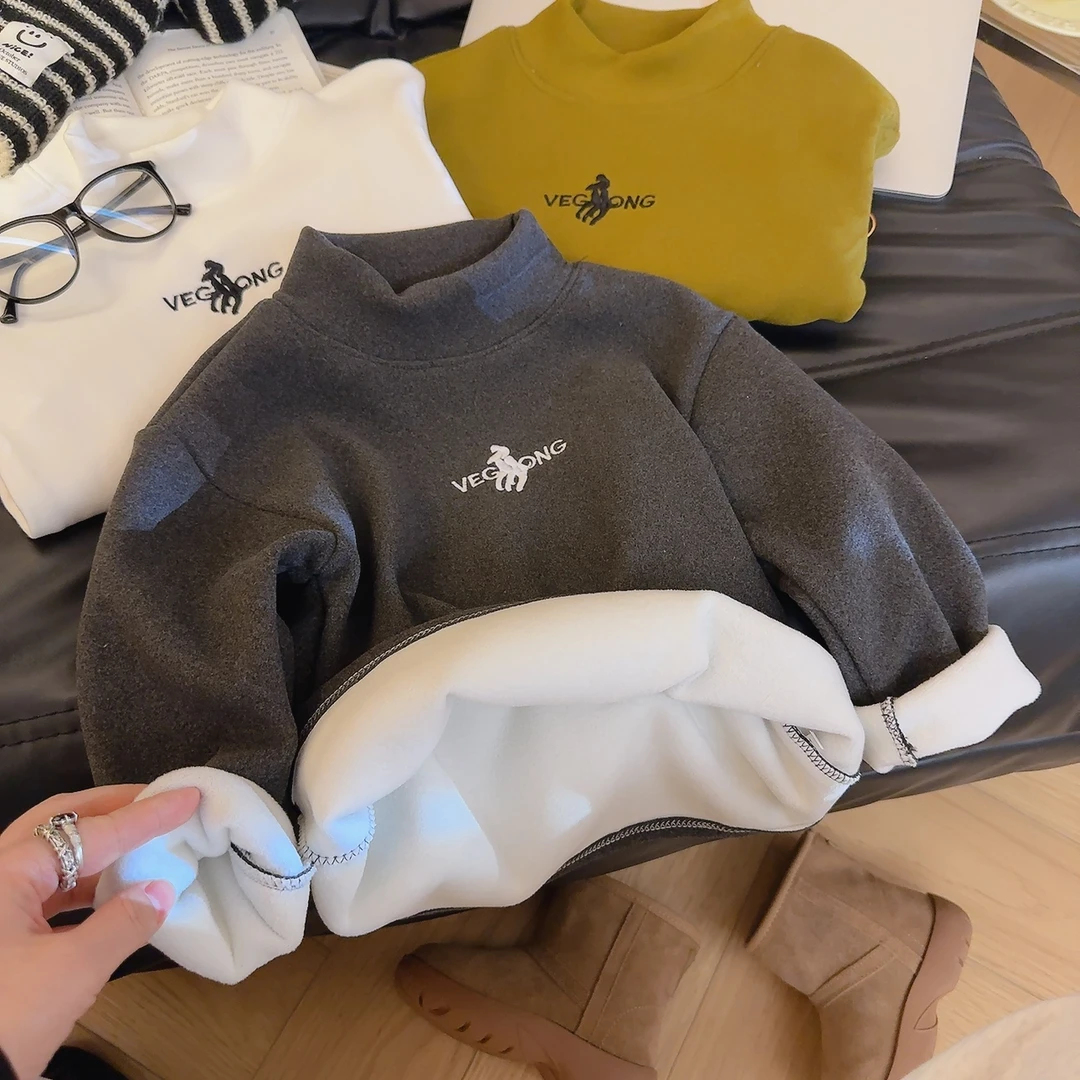 冬季儿童加绒半高领打底衫刺绣小中大童新款男女宝韩系同款