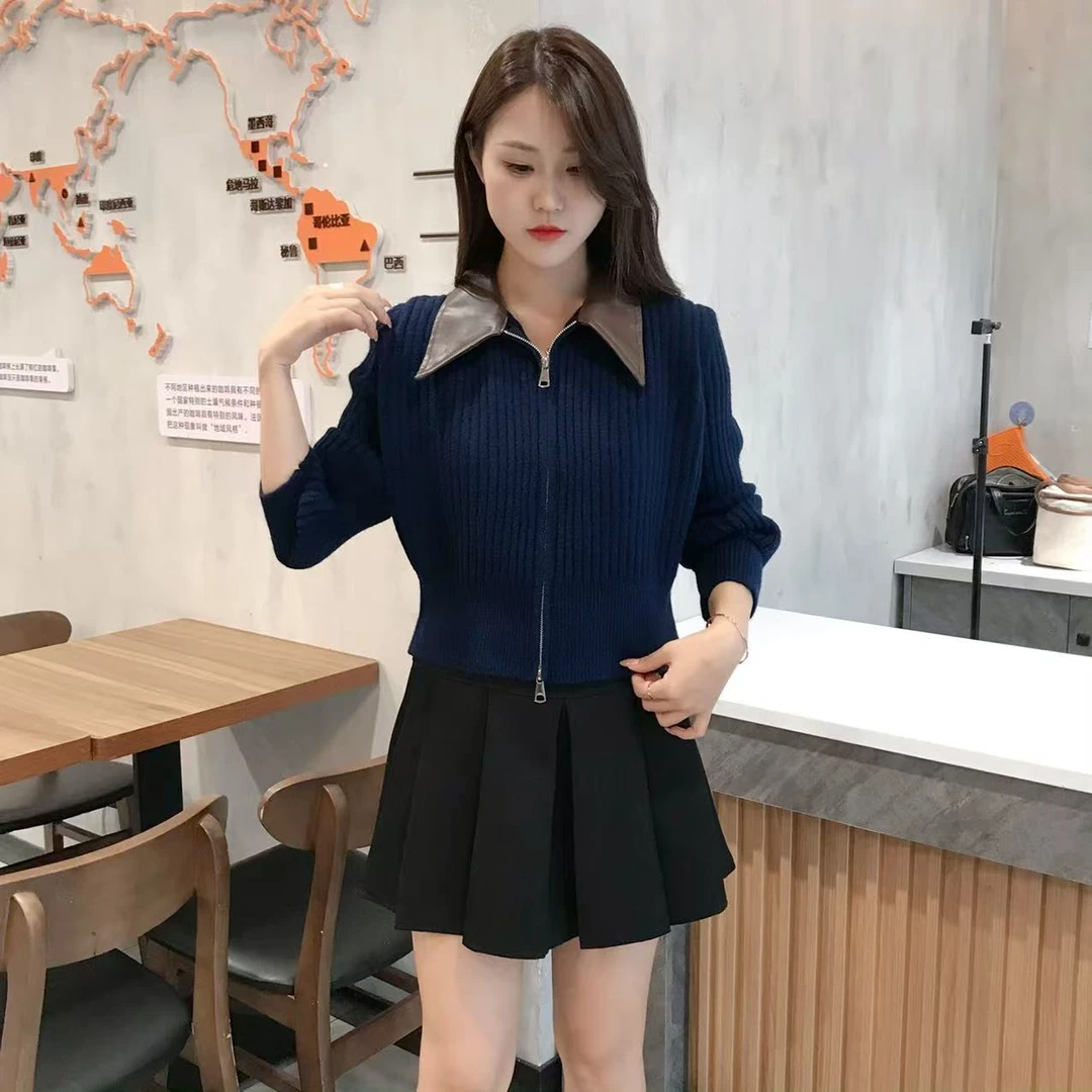 秋季翻领拉链毛衣外套新款慵懒百搭上衣休闲风长袖