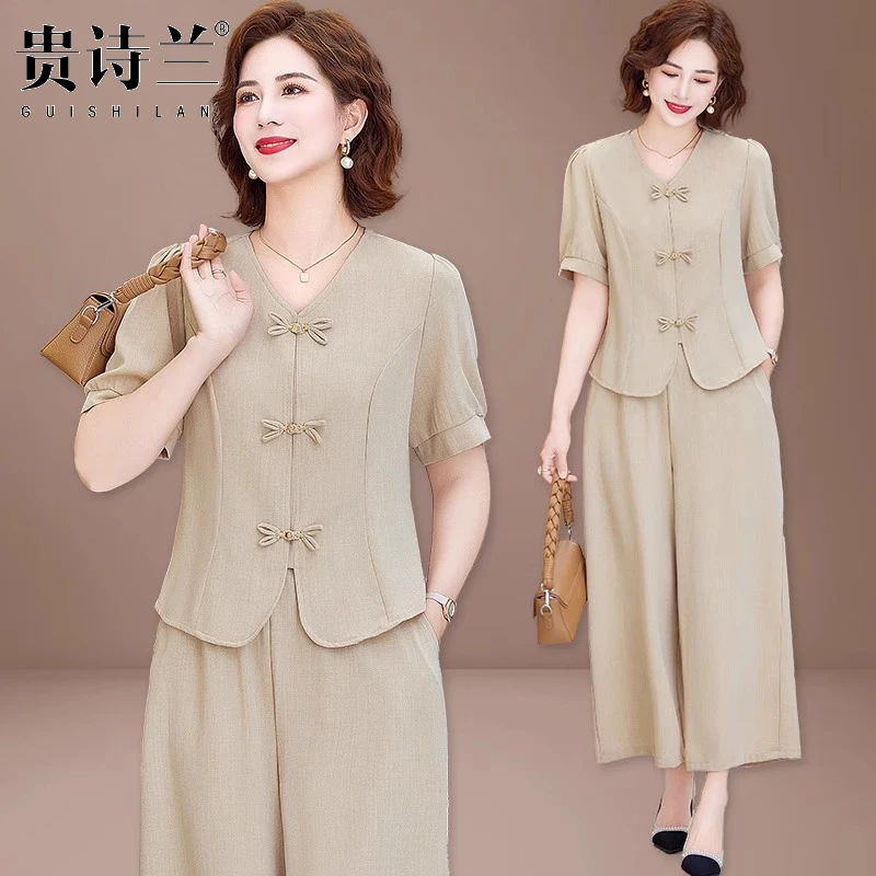 40到50岁妈妈夏季新中式短袖T 恤两件套中老年女夏季减龄时尚套装