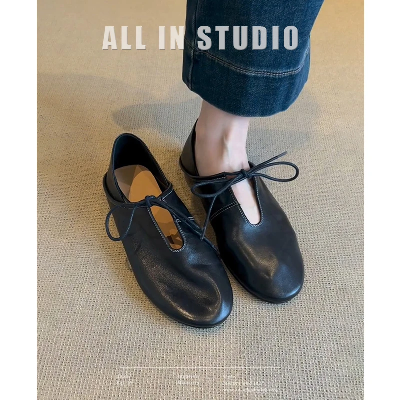 羊皮版~简约复古软皮系带小皮鞋女两穿踩跟真皮舒适圆头平底单鞋