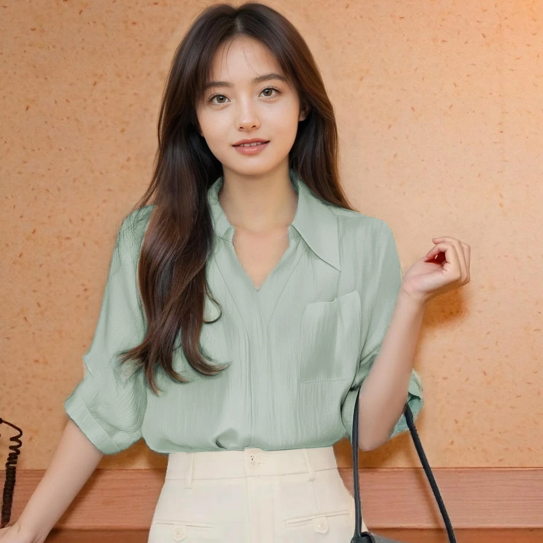 【晶致简奢】夏季新款轻奢气质短袖衬衫设计感通勤翻领上衣