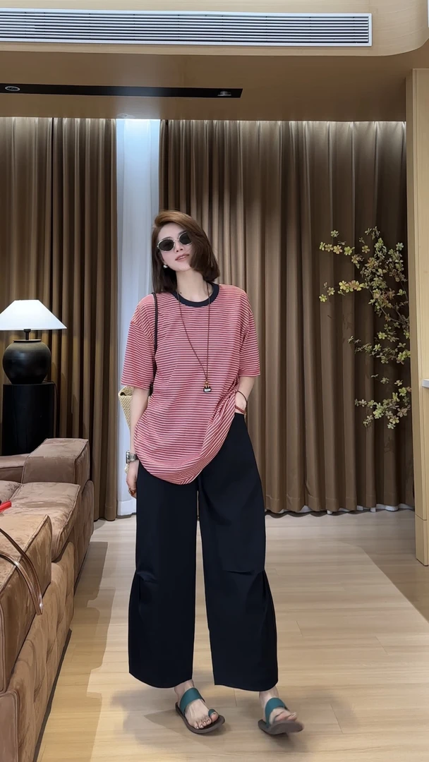 YYOUHAN 2025夏款小众设计极简风撞色领边百搭条纹T恤 2504C2102