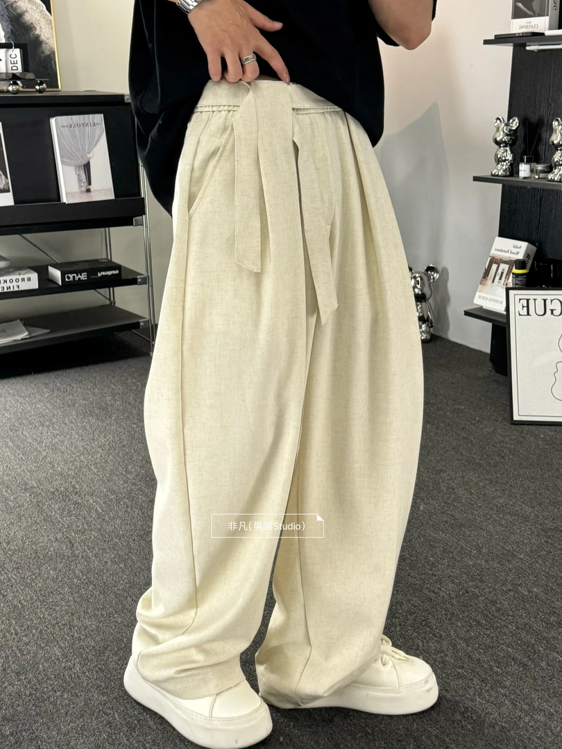 非凡 - 夏季高级感亚麻男休闲裤高级感腰带设计复古宽松阔腿K2360