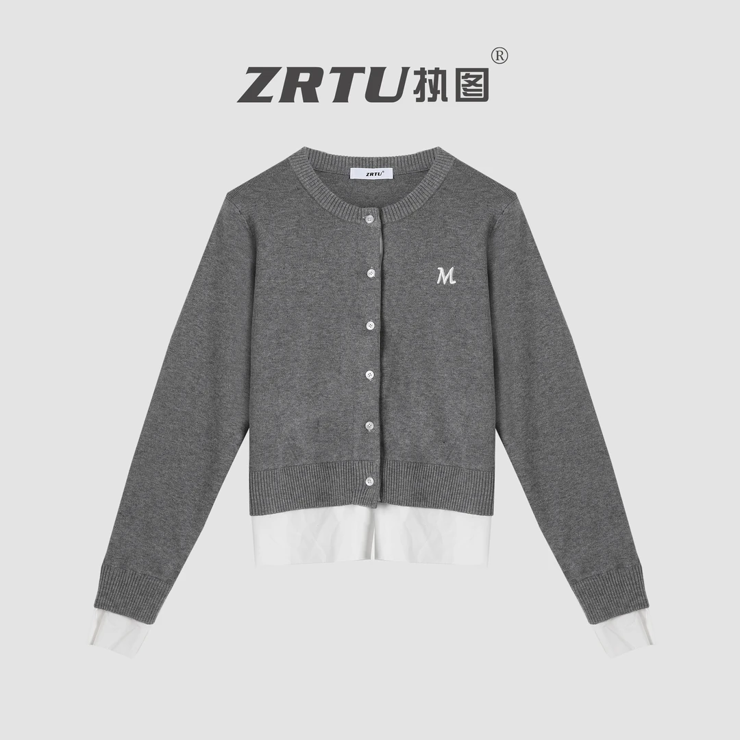 ZRTU/执图圆领针织宽松型长袖春季毛针织衫开衫设计师时尚女装