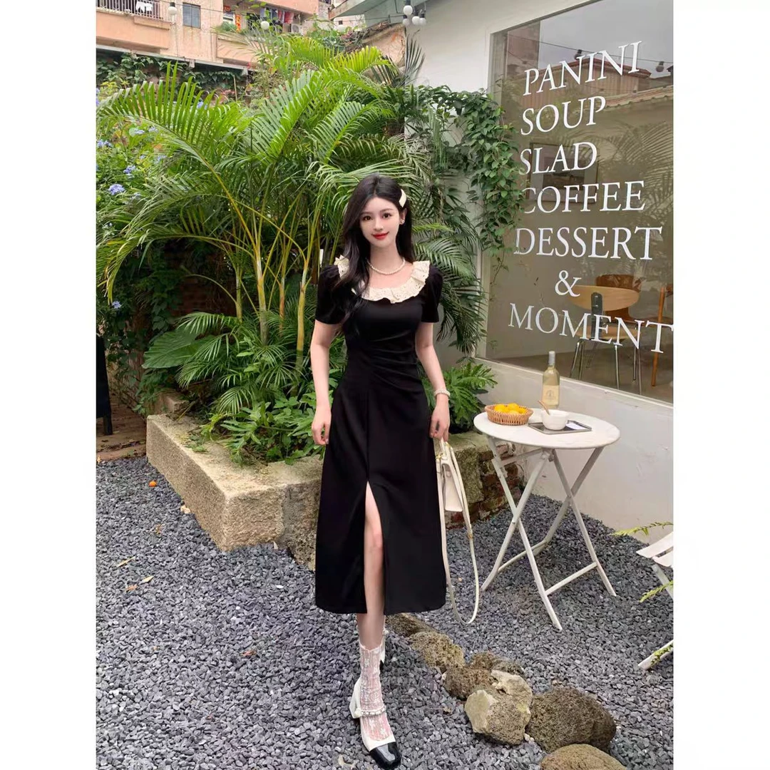 显瘦气质夏季复古开叉法式收腰方领设计感932#