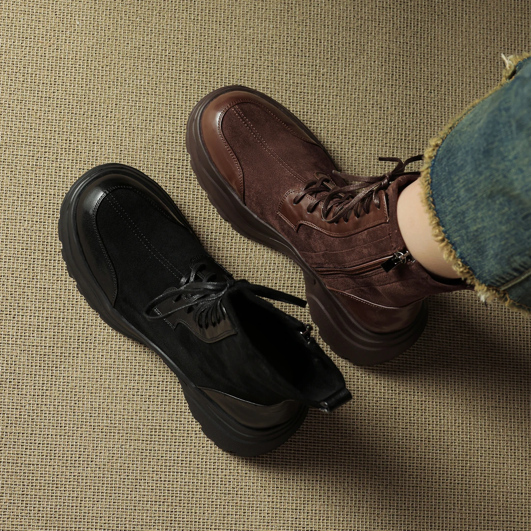 诗宝斐尔 厚底5.5复古圆头系带马丁靴女真皮拼接弹力瘦瘦靴短靴子