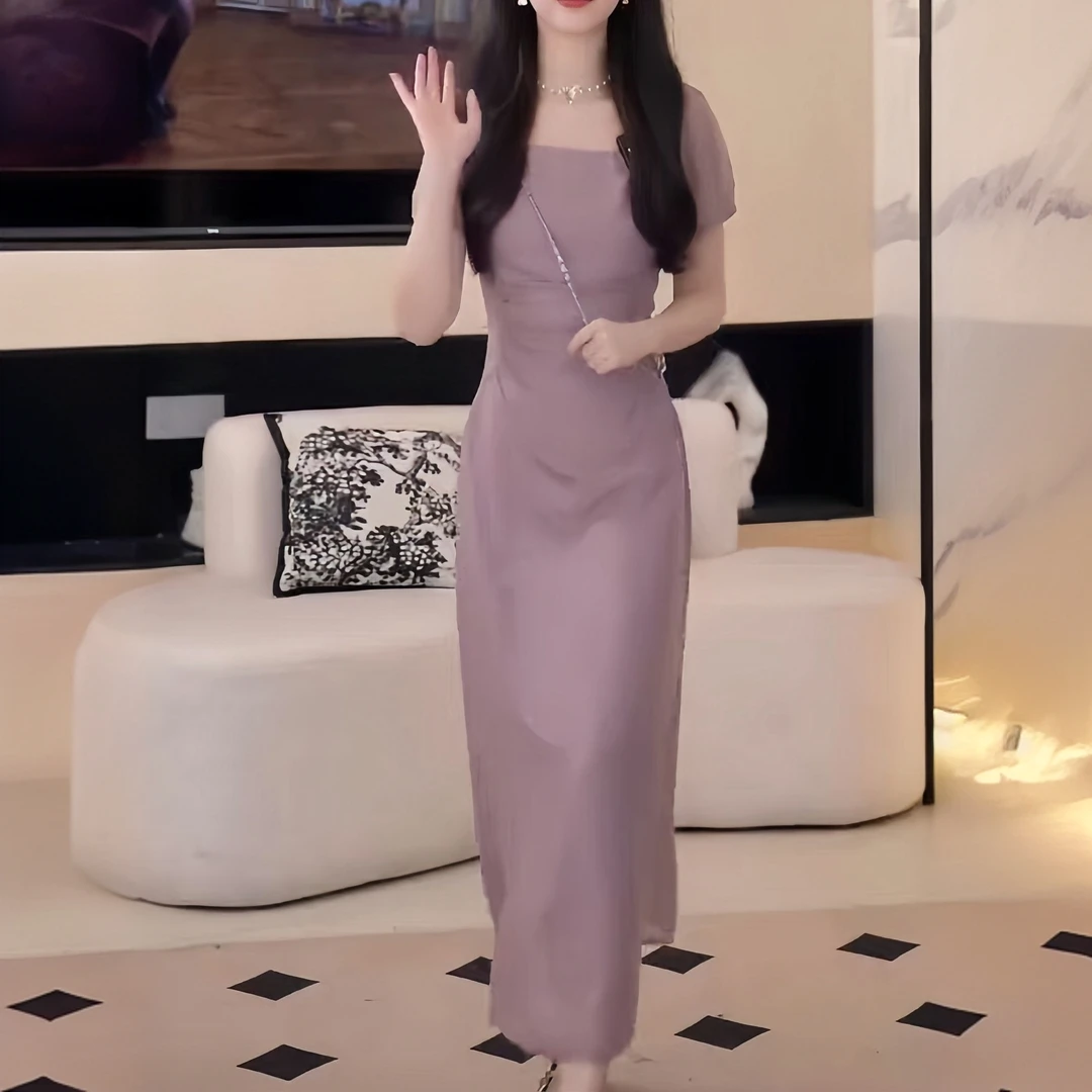 温柔风褶皱方领连衣裙女夏季修身显瘦高级感时尚洋气休闲a字长裙