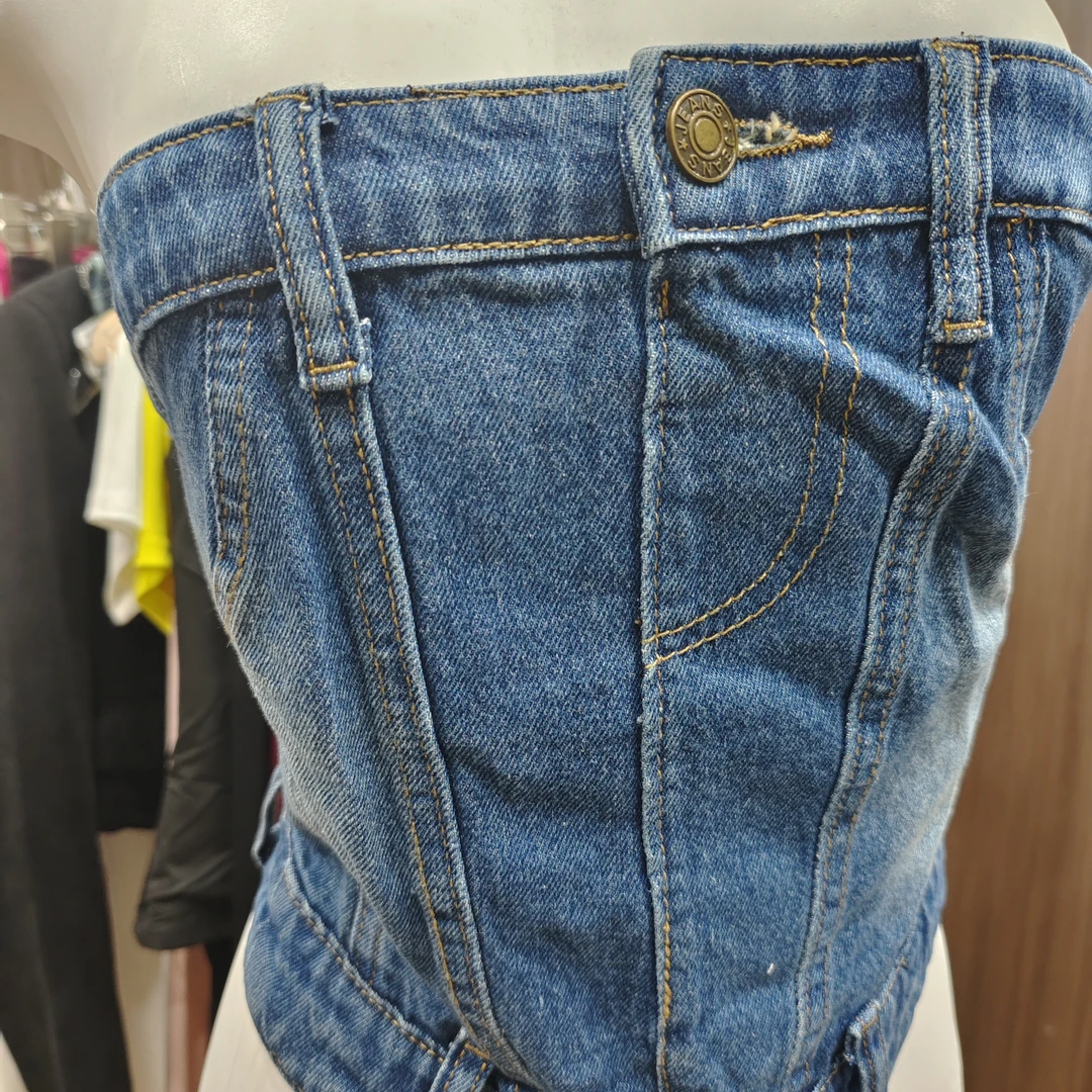 头头女装显瘦辣妹抹胸牛仔上衣无肩带#09101